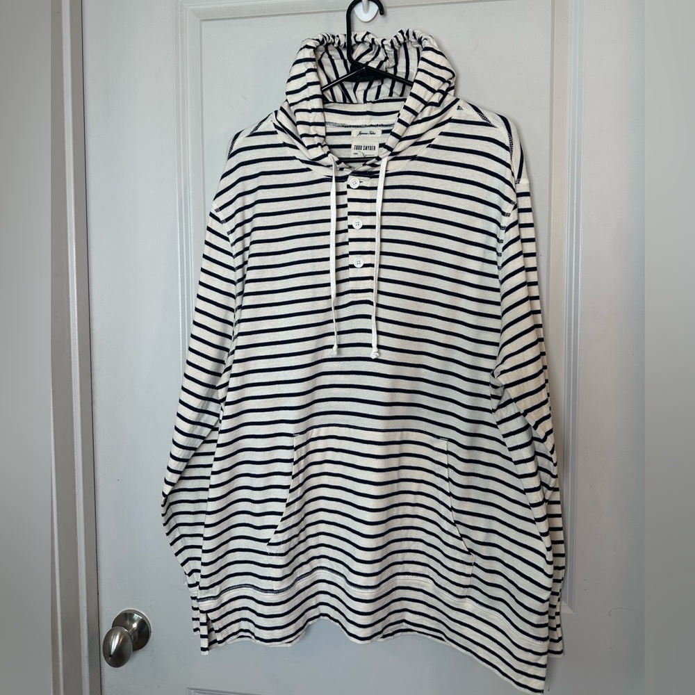 Todd Snyder Japanese Cotton Striped Preppy 1/4 Button Up Blue & Cream Shirt, XL